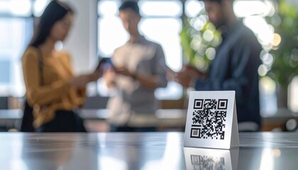 Digital convenience and connectivity concept shown through a QR code on a restaurant table with people in the background scanning it using smartphones in a modern bright setting