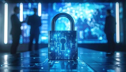 Cybersecurity and data protection represented by a glowing padlock in front of blurred business figures in a digital environment symbolizing privacy and information security in technology world