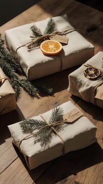 Gifts wrapped in natural paper decorated with dried orange slice and a sprig of a plant on the table