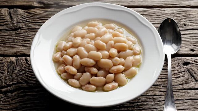Cooked White Cannellini Beans in Bowl on Wooden Surface