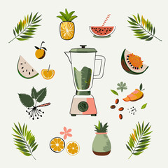 Set of different fruit smoothie in a blender watercolor icons. Flat images isolated on white background. Vector illustration.