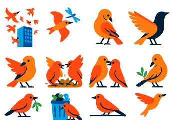 Urban Bird Behaviors. Flat vector icons of Bird Behavior in Cities: flock circling skyscraper, bird chasing insect, preening