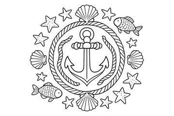Nautical Mandala Art. Anchor in the middle with ropes, stars, seashells, and fish forming a decorative nautical mandala, black and