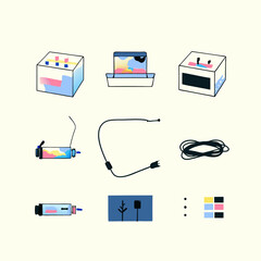 Set of different computer parts and cables watercolor icons. Flat images isolated on white background. Vector illustration.