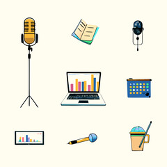 Set of different podcast recording equipment watercolor icons. Flat images isolated on white background. Vector illustration.