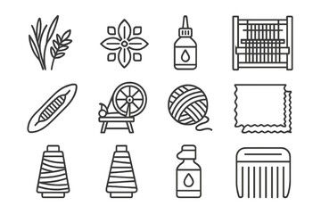 Fabric Craft Line Icons. Line style icons of Fabric Art: Reed, Pattern Motif, Dye, Traditional Weaving; Loom, Shuttle, Spinning