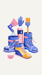 Tools for shoe customization watercolor image. Flat vector illustration.