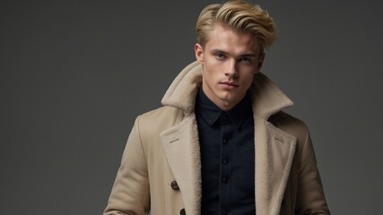 Obraz premium Editorial style close-up portrait of a handsome young man with blonde hair, wearing a stylish beige coat with a fur collar and a black shirt. Serious expression.