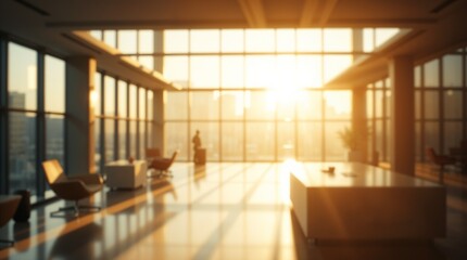 Obraz premium blurred background of a modern office interior with panoramic windows and beautiful lighting, Blurred office meeting room