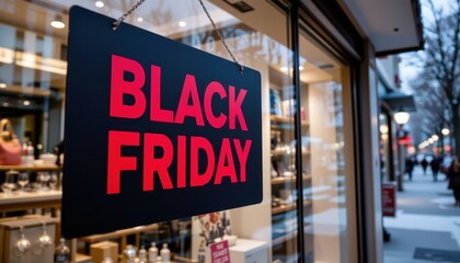 A sleek, matte black advertisement sign hangs prominently in a bustling storefront window, its bold red text proclaiming Black Friday with sharp, manding strokes