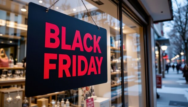 A sleek, matte black advertisement sign hangs prominently in a bustling storefront window, its bold red text proclaiming Black Friday with sharp, manding strokes