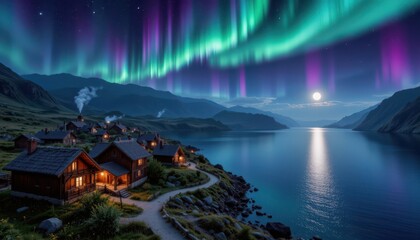 A mesmerizing, hyper realistic upside down scene depicting a serene Viking settlement nestled along a shimmering waterway under a vast, dark night sky, On the left side