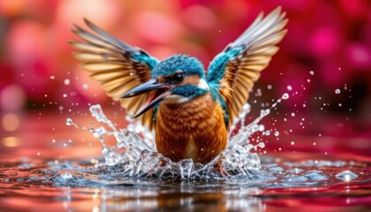 A breathtaking close up portrait of a vibrant kingfisher mid swoop, captured from a first person perspective as if the viewer is standing just above the waters surface