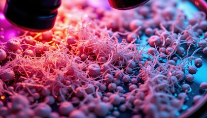 A mesmerizing close up view of vibrant bacteria colonies sprawling beneath a high powered microscope, captured from a dramatic Dutch angle that tilts the scene diagonally