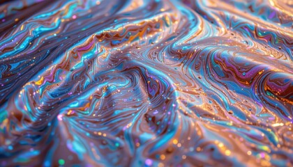 Imagine an expansive panoramic scene featuring a mesmerizing holographic fabric background that shimmers with iridescent, shiny textures, reminiscent of a futuristic kaleidoscope