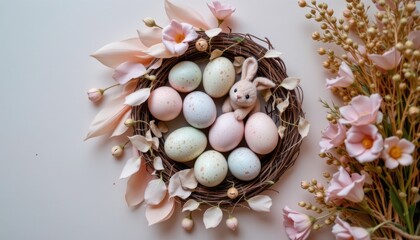 A whimsical, pastel hued flat lay scene captured from an upside down perspective, On the left side of the position, a delicate wreath of soft, feather like elements in gentle shades of blush pink