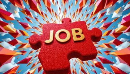 A vibrant, dynamic scene viewed from a low, upward looking perspective, emphasizing a bold geometric position, At the bottom of the frame, a massive, glossy red puzzle piece dominates