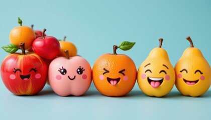 A charming, vibrant scene featuring an adorable set of cartoon fruits, each with irresistibly cute kawaii expressions, arranged in a playful, three dimensional style, On the left side of the position