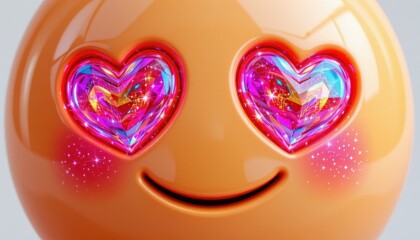 A vibrant, three dimensional emoji radiating joy and affection, its face adorned with luminous heart shaped eyes that shimmer with a kaleidoscope of warm, iridescent hues