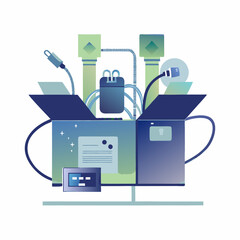 Computer parts and cables in box. Flat image isolated on white background. Vector illustration.