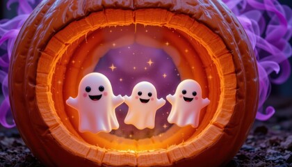 A whimsical Halloween scene captured through a polished fish eye lens, creating a playful, slightly distorted perspective that amplifies the fun, At the bottom of the position, a trio of adorable