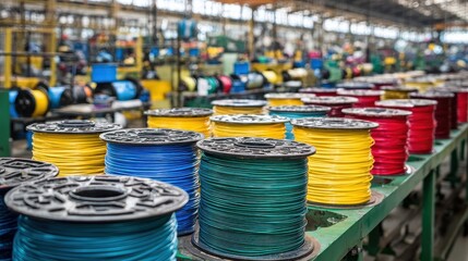 Spools of colorful wire are arranged in rows at a manufacturing factory