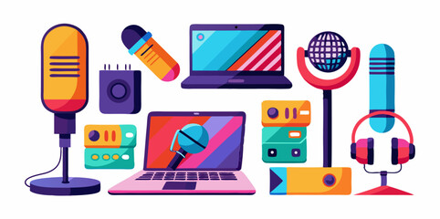 Set of different podcast recording equipment images. Cartoon colorful isolated icons. Vector illustration.