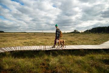 Female exploring wild nature on weekend trip with dog in autumn wetland at peat bog. Woman hiker...