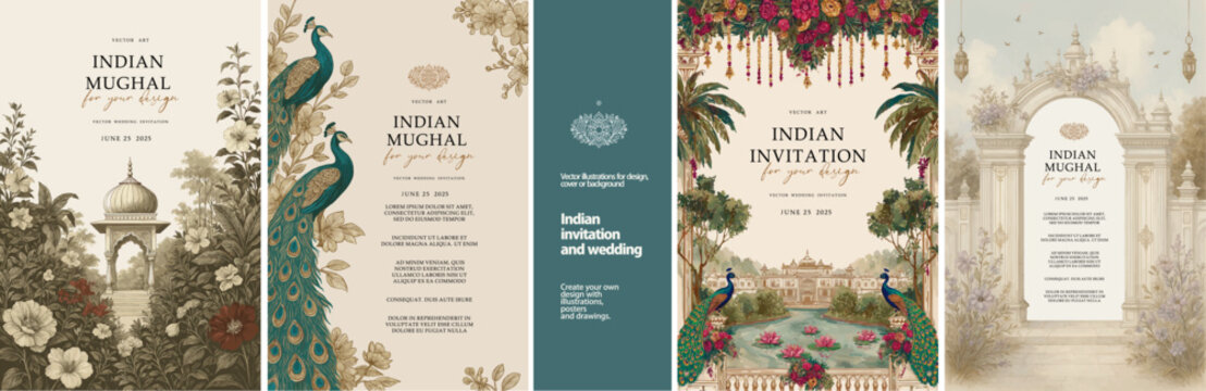 Elegant Indian Mughal wedding invitation set with peacocks, floral palace architecture, dome, and arche. Luxury oriental design for royal wedding, celebration, or cultural event.
