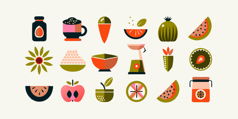 Set of different smoothie ingredients and tools colorful icons. Flat images isolated on white background. Vector illustration.