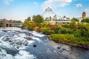 Spokane Riverfront Park and Spokane river at golden sunrise