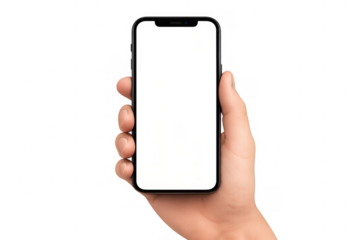 Hand holding modern smartphone with blank white screen, using mobile technology for communication and digital interaction, transparent background