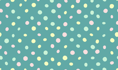 Delightful pastel polka dot pattern on a teal background.  Perfect for textile design, branding, websites, and playful projects.