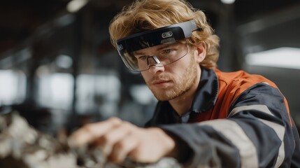 Technician using holographic overlay to operate robotic machinery during interactive industrial training, emotion of determination visible, representing AR-based learning, safety training, and