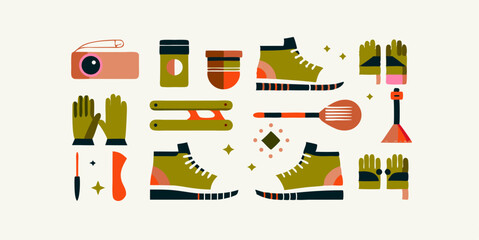 Set of different tools for shoe customization colorful icons. Flat images isolated on white background. Vector illustration.