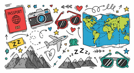 Vibrant hand drawn travel and adventure symbols. Doodle drawings of passport, camera, sunglasses, world map, airplane, mountains. Energetic and playful line art for wanderlust themes