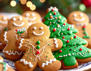 Gingerbread man and Christmas tree cookies. AI