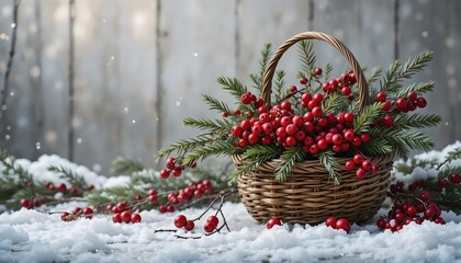 Basket with red berries of rowan and evergreen branches on snowy ground for Christmas decor in winter scene