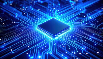 A futuristic close-up of a glowing microchip integrated into a blue illuminated circuit board