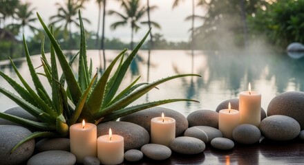 Tranquil scene with candles, stones, aloe vera, and pool amid lush palms at dusk