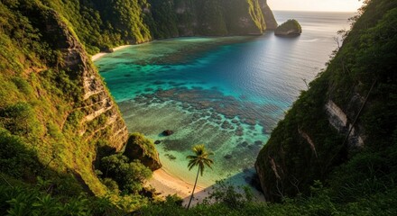 Tropical cove nestled between lush cliffs, clear waters, white sandy beach