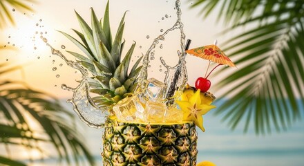 Tropical drink in a pineapple, water splashing, garnished with fruit. Palm trees in background