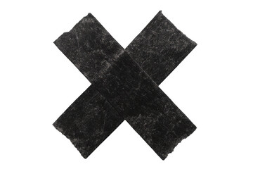 Black gaffer tape forming an x mark on a transparent background, symbolizing correction, restriction, or refusal
