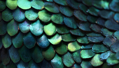 Fototapeta premium Close-up video angle of iridescent green scales, capturing a textured, mythical feel with shimmering light reflections