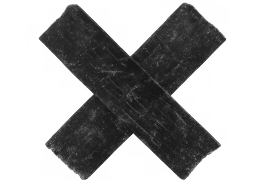 Black grunge duct tape cross mark on a transparent background showing censoring, prohibition, and correction concepts