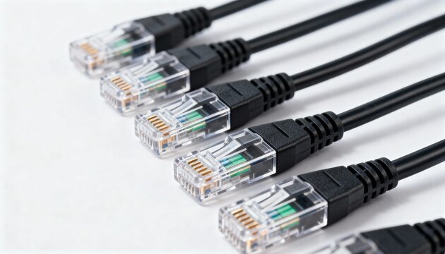 Multiple black network cables, featuring clear RJ45 connectors, arranged diagonally on a white background, demonstrating connectivity.