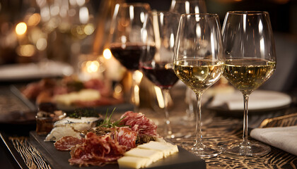 Elegant wine tasting event with glasses of red and white wine, charcuterie board, sophisticated and luxurious setting