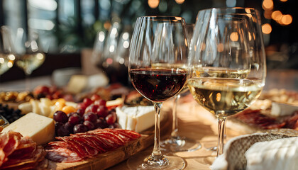 Elegant wine tasting event with glasses of red and white wine, charcuterie board, sophisticated and luxurious setting