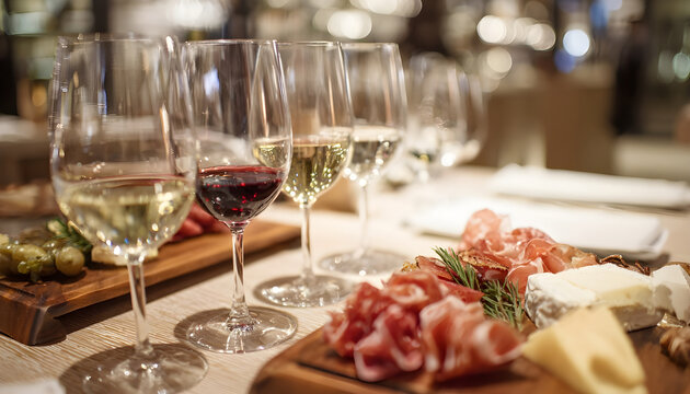 Elegant wine tasting event with glasses of red and white wine, charcuterie board, sophisticated and luxurious setting