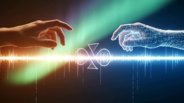 Human hand reaching digital AI hand through glowing sound wave, concept of neural connection, music technology and artificial intelligence - Powered by Adobe